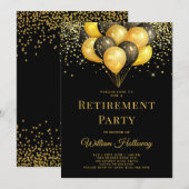 Invitation Partie de retraite moderne Gold Black Ballons Noir (Devant / Derrière)