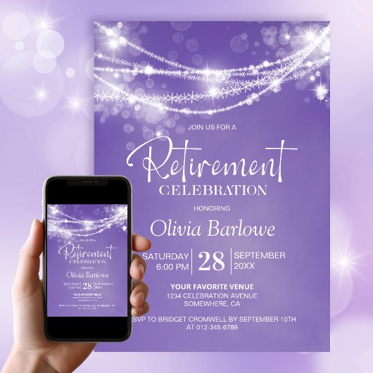Invitation Partie de retraite Purple String Lights