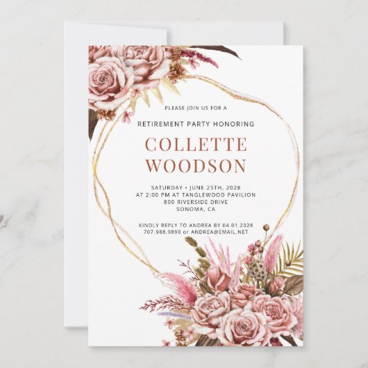 Invitation Partie de retraite Rose Roses Gold Parties scintil (Devant)