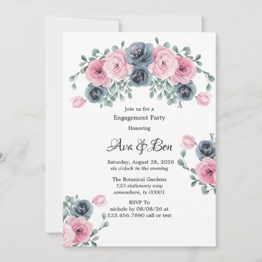 Invitation Partie d'engagement Arch Pink & Blue Blooms (Devant)
