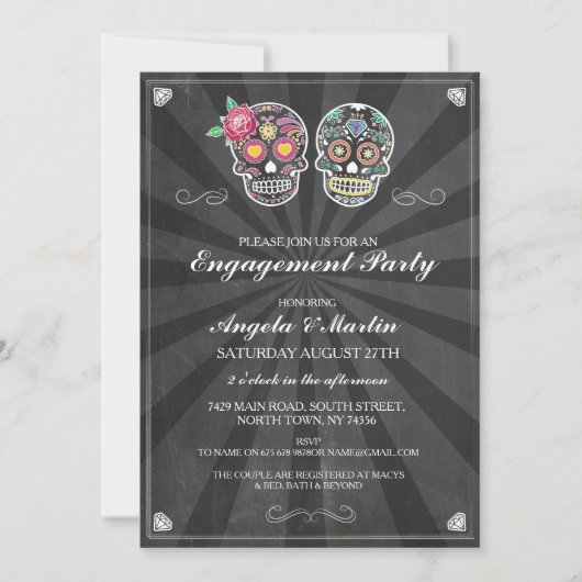 Invitation Partie d'engagement Chalk Sugar Skulls Couples Inv (Devant)
