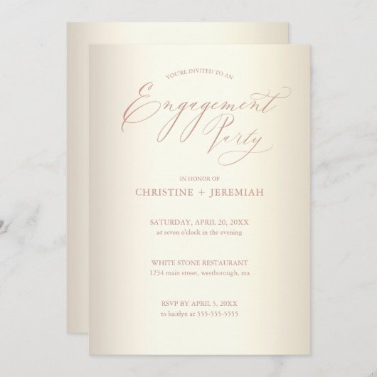Invitation Partie d'engagement Champagne Rose Gold Typographi (Devant / Derrière)