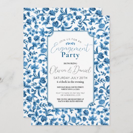 Invitation Partie d'engagement Chintz Bleu et blanc Floral Di (Devant / Derrière)