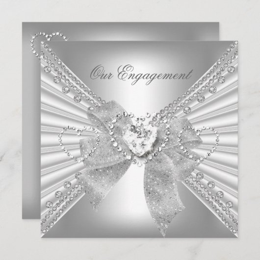 Invitation Partie d'engagement Coeur diamant Blanc Bow en arg (Devant / Derrière)