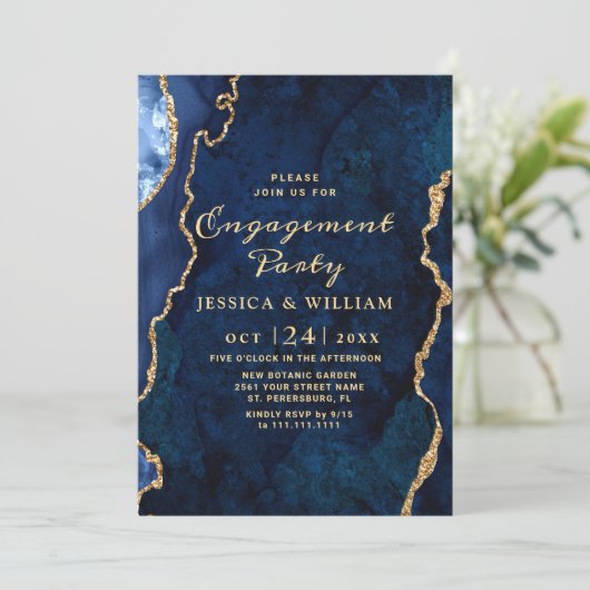 Invitation Partie d'engagement d'Agate en marbre bleu or mode (Debout devant)