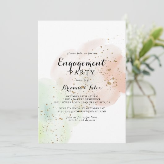 Invitation Partie d'engagement de Confetti Gold Watercolor (Debout devant)
