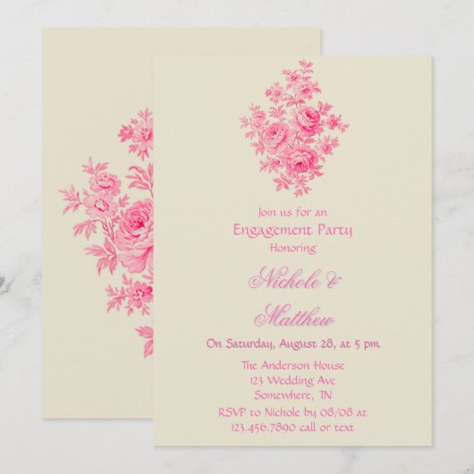Invitation Partie d'engagement de la Fleur de Toile Rose vint (Devant / Derrière)