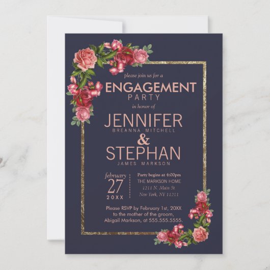 Invitation Partie d'engagement de la Marine Blue Rose Floral  (Devant)