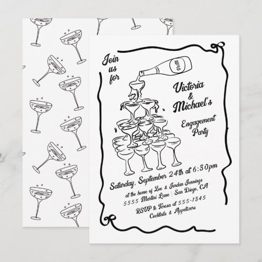 Invitation Partie d'engagement de la pile de champagne tirée (Devant / Derrière)