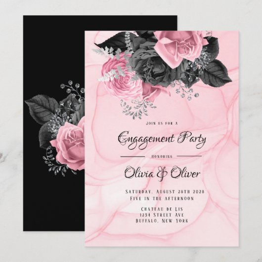 Invitation Partie d'engagement de luxe Pink Black Floral (Devant / Derrière)