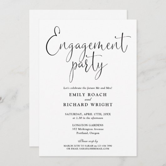 Invitation Partie d'engagement de script noir et blanc (Devant / Derrière)