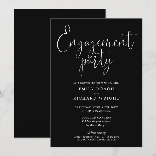 Invitation Partie d'engagement de script noir et blanc (Devant / Derrière)