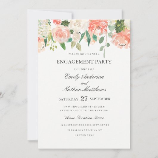 Invitation Partie d'engagement du Mariage Floral Peach Waterc (Devant)