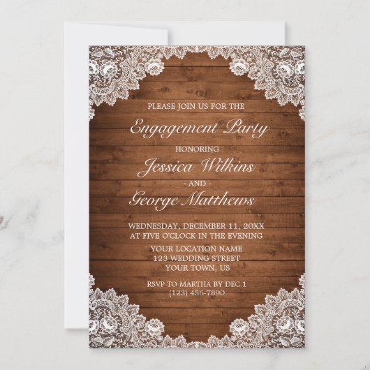 Invitation Partie d'engagement en bois et dentelle blanc rust (Devant)