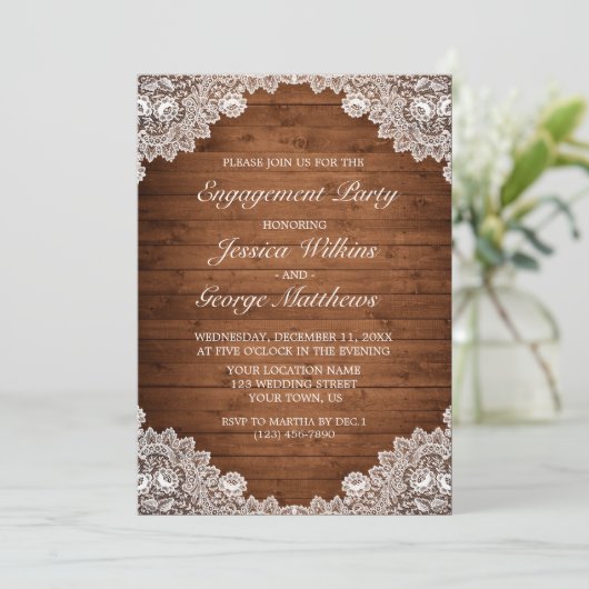 Invitation Partie d'engagement en bois et dentelle blanc rust (Debout devant)