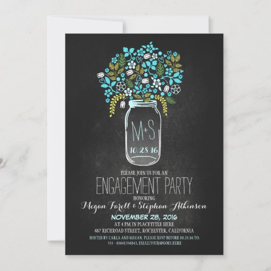 Invitation partie d'engagement en chalkboard de mason turquoi (Devant)
