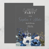Invitation Partie d'engagement en gris floral bleu, blanc et  (Devant / Derrière)