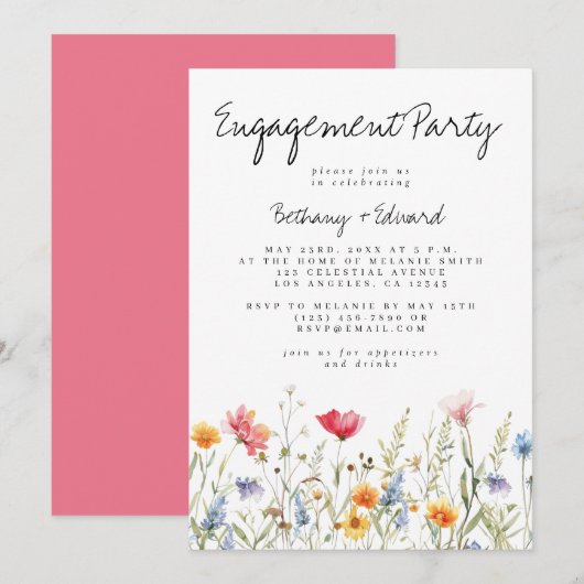 Invitation Partie d'engagement Fleur sauvage aquarelle (Devant / Derrière)