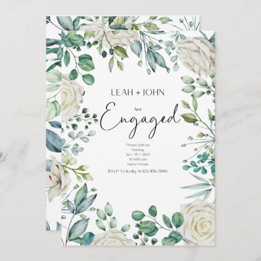 Invitation Partie d'engagement, Fleurs, Vert rose (Devant / Derrière)