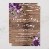 Invitation Partie d'engagement Fleurs violettes bois Invitati (Devant / Derrière)