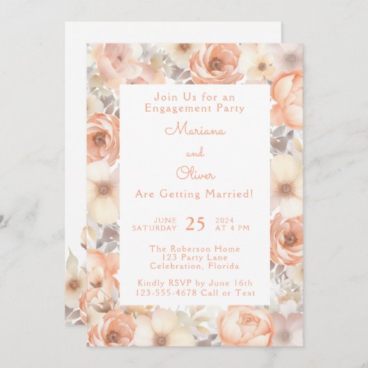 Invitation Partie d'engagement floral de pêche élégante moder (Devant / Derrière)