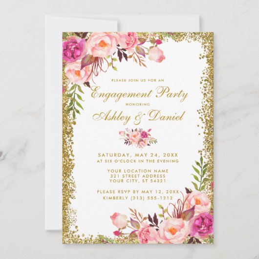 Invitation Partie d'engagement Floral Pink Gold Parties scint (Devant)