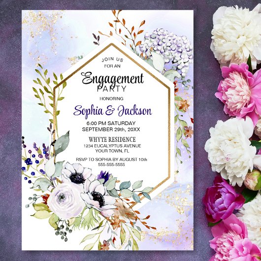 Invitation Partie d'engagement Floral violet géométrique or