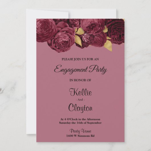 Invitation Partie D'Engagement Florale Bourgogne Et Or (Devant)