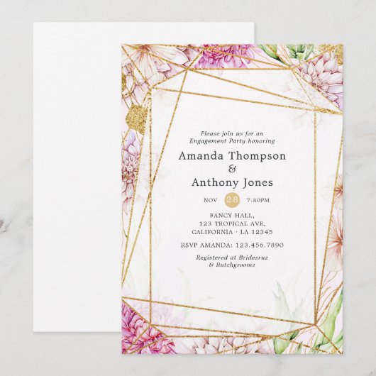 Invitation Partie d'engagement géométrique florale violet et (Devant / Derrière)