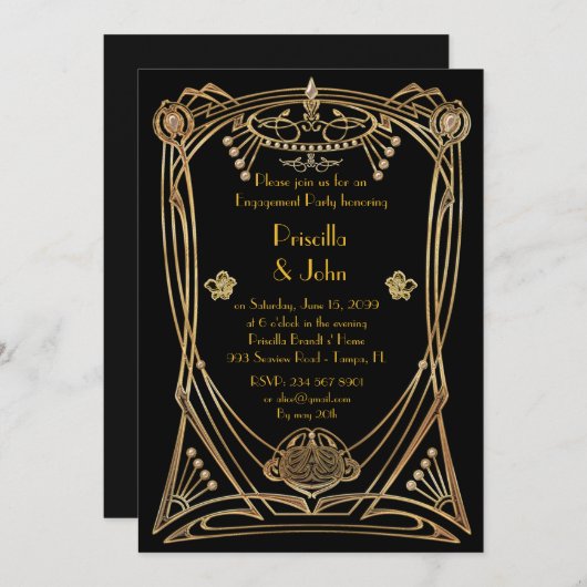 Invitation Partie d'engagement, grand Gatsby, art déco, noir (Devant / Derrière)