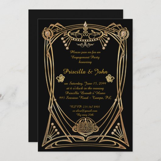 Invitation Partie d'engagement, grand Gatsby, art déco, noir (Devant / Derrière)