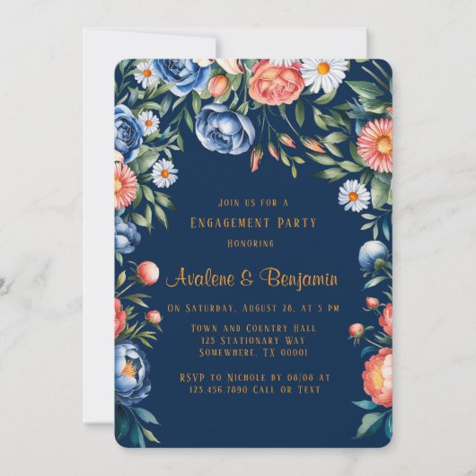 Invitation Partie d'engagement Marine Blue and Orange Peony (Devant)