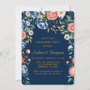 Invitation Partie d'engagement Marine Blue and Orange Peony