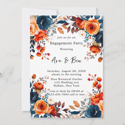 Invitation Partie d'engagement Marine Blue and Orange Peony (Devant)