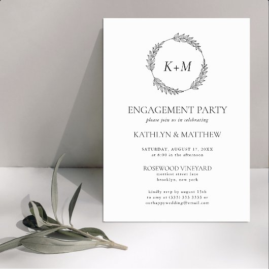 Invitation Partie d'engagement Monogramme de feuille noire bl