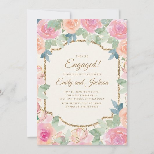 Invitation Partie d'engagement Peach rose Floral Or (Devant)