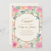 Invitation Partie d'engagement Peach rose Floral Or (Devant / Derrière)