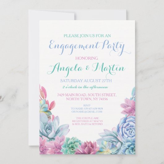 Invitation Partie d'engagement Pink Blue Succulents Invitatio (Devant)