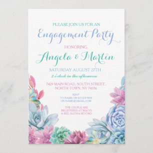 Invitation Partie d'engagement Pink Blue Succulents Invitatio