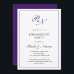 Invitation Partie d'engagement pour le Monogramme violet offi<br><div class="desc">Invitation de soirée classique avec un design simple avec votre deux monogramme initial et vos noms dans une élégante calligraphie royale violet à l'intérieur d'une mince bordure. Le dos est violet solide. Ce design classique est parfait pour une fête de fiançailles formelle à l'automne.</div>