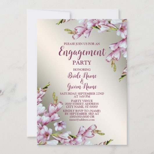 Invitation Partie d'engagement rose blanc Floral or rustique (Devant)