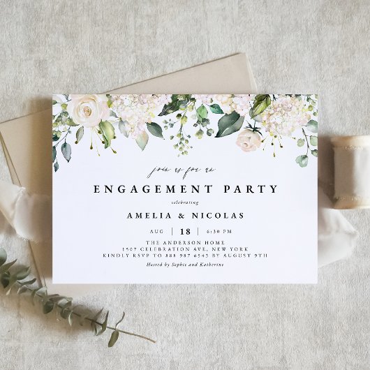 Invitation Partie d'engagement Roses blanches et Hydrangeas