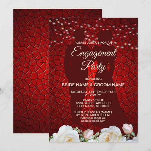 Invitation Partie d'engagement Rouge Blanc Floral Moderne Élé (Devant / Derrière)