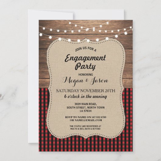 Invitation Partie d'engagement Rustic Wood Burlap Buffalo Che (Devant)