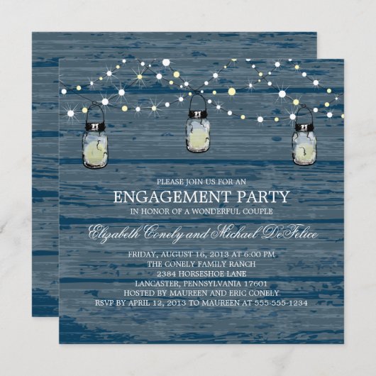 Invitation Partie d'engagement Rustic Wood Mason Jar et lumiè (Devant / Derrière)