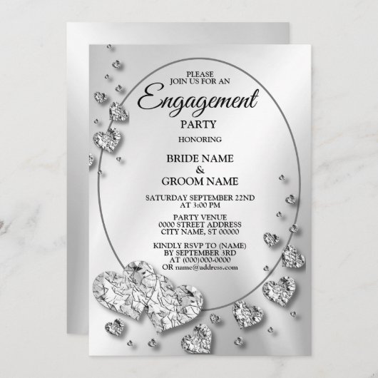 Invitation Partie d'engagement Silver Grey Coeurs brillants É (Devant / Derrière)