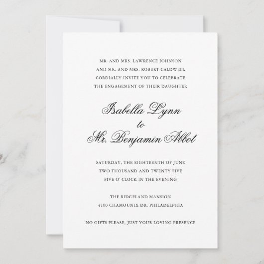 Invitation Partie d'engagement traditionnelle noire et blanch (Devant)