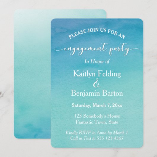 Invitation Partie d'engagement turquoise et bleu Ombre Aquare (Devant / Derrière)