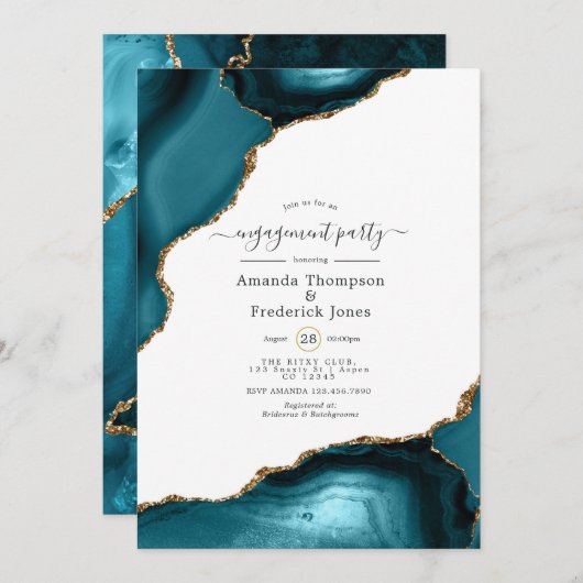 Invitation Partie d'engagement turquoise et Gold Agate (Devant / Derrière)