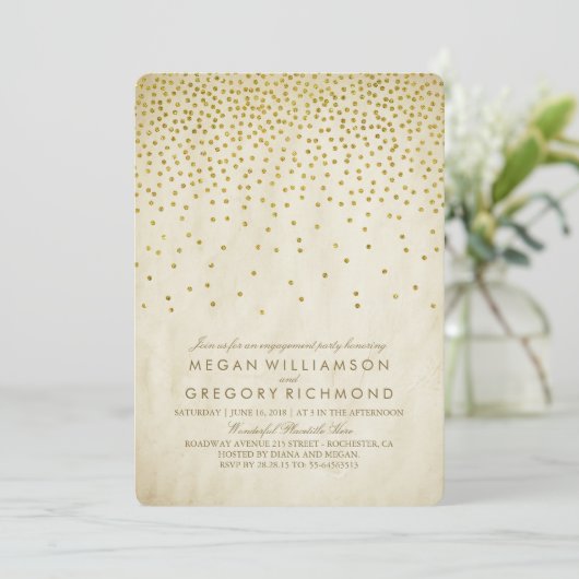 Invitation Partie d'engagement vintage Gold Confetti (Debout devant)